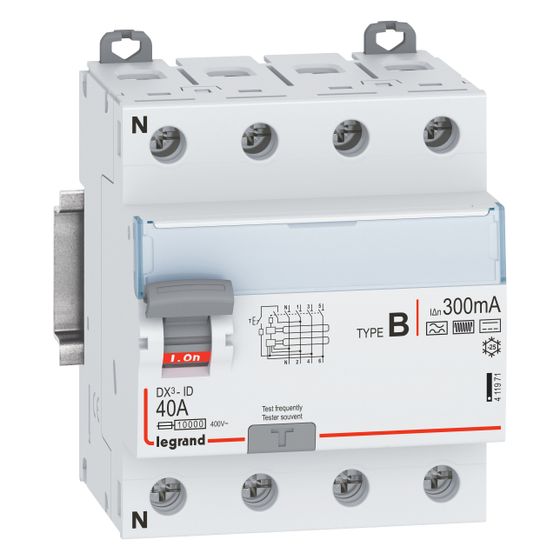 Legrand Fehlerstromschutzschalter DX3 40A, 4-polig, 300mA, Typ B, 400V, N-links, 4TE, Grau, 411971