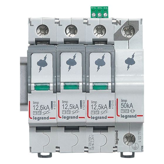 Legrand Kombiableiter Typ 1+2, 3+1 Schaltung, 400V, 12,5kA, 4 TE, mit Fernmeldekontakt, 412277
