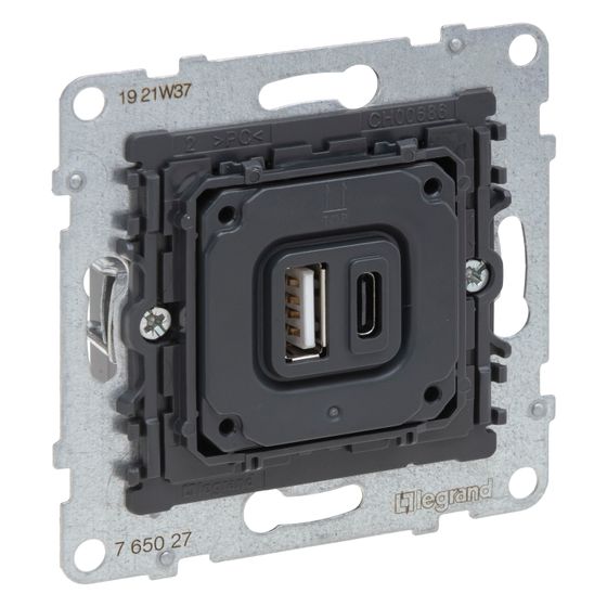 Legrand USB-Ladesteckdose SEANO, 1x Typ A/1x Typ C, 3.000mA, Unterputz, Schwarz, 765027