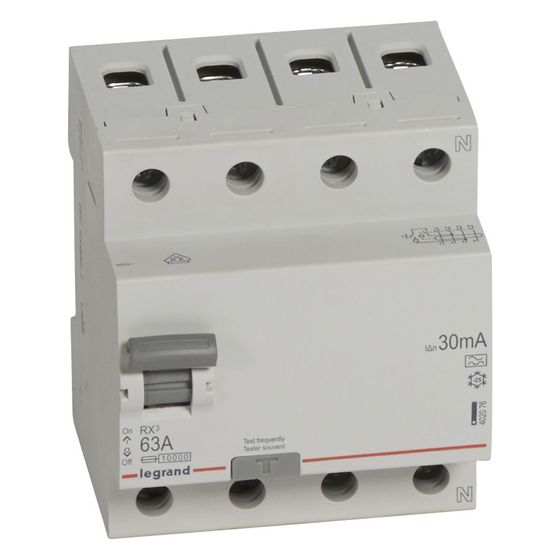 Legrand Fehlerstromschutzschalter RX3, 4-polig, 63A, 30mA, Typ A, 400V, 4TE, Grau