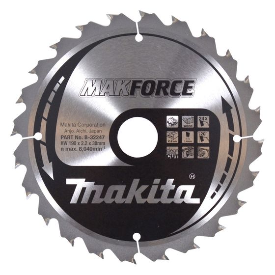Makita Kreissägeblatt MAKFORCE B-32247, 190mm, 24 Zähne, 2,2mm Schnittbreite, 20 Grad Zahnwinkel, Holz