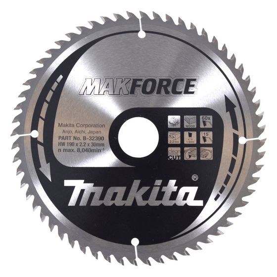 Makita Kreissägeblatt MAKFORCE B-32390, 190mm 30mm 60 Zähne 2,2mm Schnittbreite 15 Grad Zahnwinkel