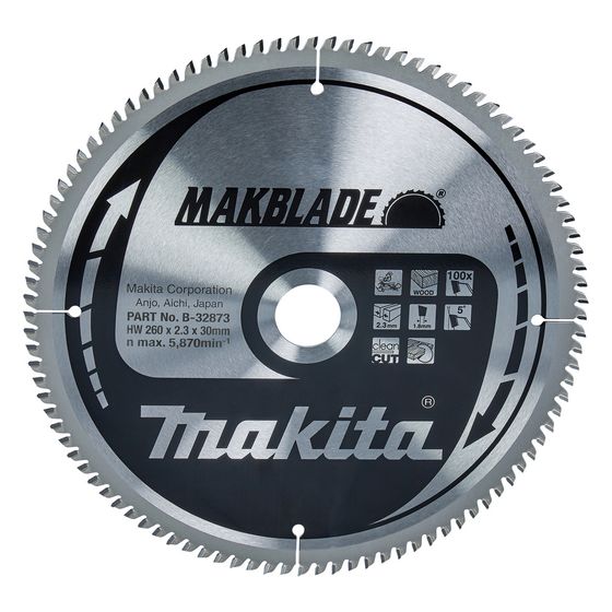 Makita Kreissägeblatt MAKBLADE B-32873, 260x30mm, 100 Zähne, 2,3mm Schnittbreite, 5 Grad Zahnwinkel, Holz
