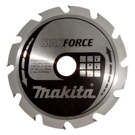 Makita Kreissägeblatt MAKFORCE B-32144, 190mm, 30mm Bohrung, 12 Zähne, 2,4mm Schnittbreite, 20 Grad Zahnwinkel, Holz