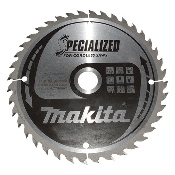 Makita Kreissägeblatt Specialized, 165mm, 20mm Bohrung, 40 Zähne, 1,6mm Schnittbreite, 18 Grad Zahnwinkel, Holz, B-32954