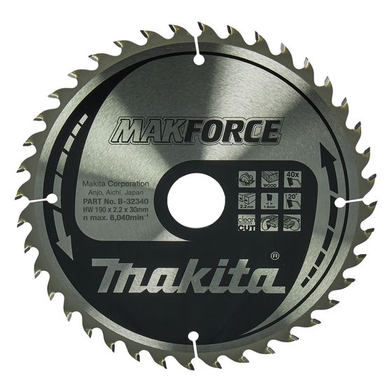 Makita Kreissägeblatt MAKFORCE B-32340, 190mm, 30mm Bohrung, 40 Zähne, 2,2mm Schnittbreite, 20 Grad Zahnwinkel