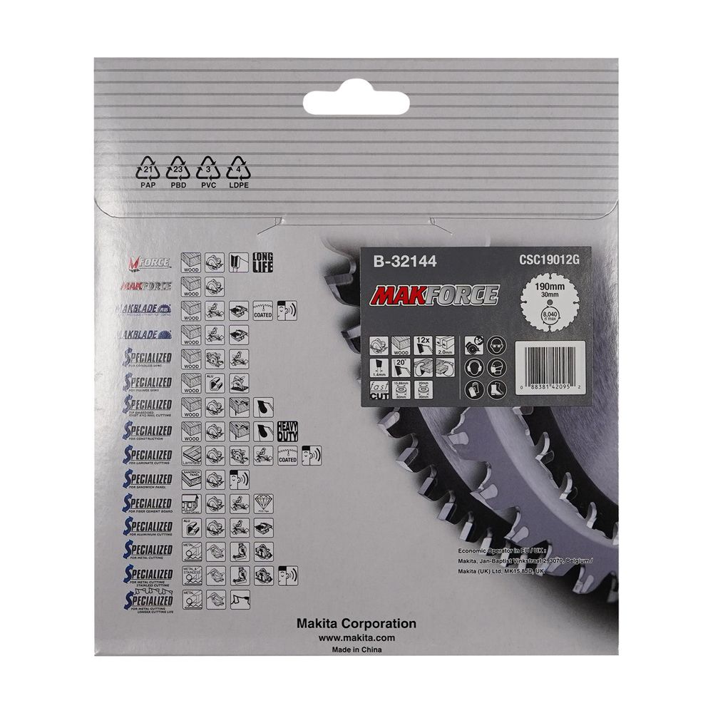 Makita Kreissägeblatt MAKFORCE B-32144, 190mm, 30mm Bohrung, 12 Zähne, 2,4mm Schnittbreite, 20 Grad ... MAKITA-B-32144  (Abb. 3)