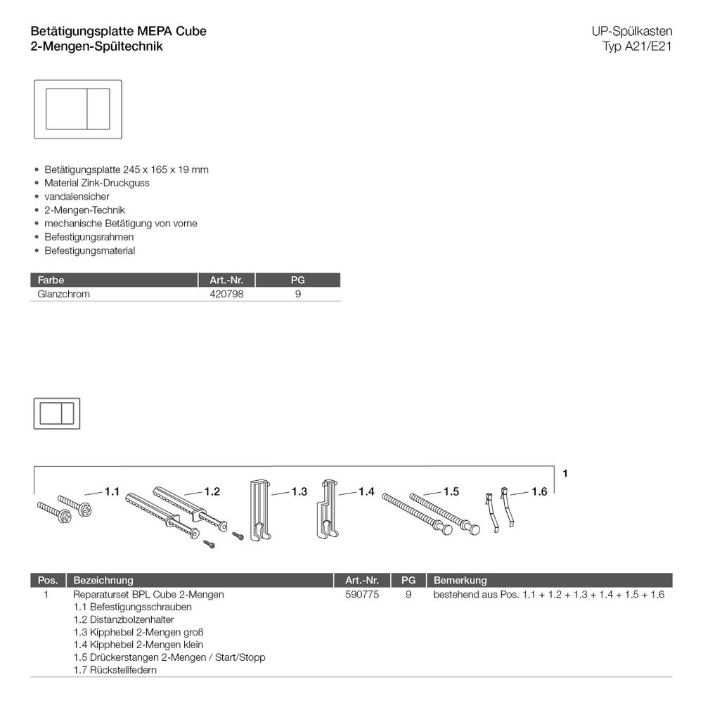 Mepa Cube WC-Betätigungsplatte 2-Mengen-Technik, Zinkdruckguss, Glanzchrom, 420798... MEPA-420798 4027952009635 (Abb. 3)