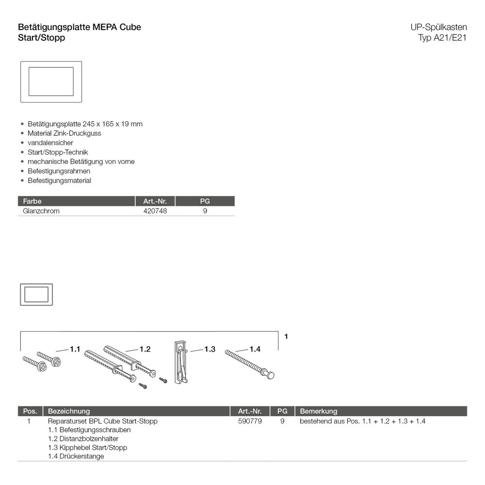 Mepa Cube WC-Betätigungsplatte Start/Stopp, Zinkdruckguss, Glanzchrom, 420748... MEPA-420748 4027952009604 (Abb. 3)