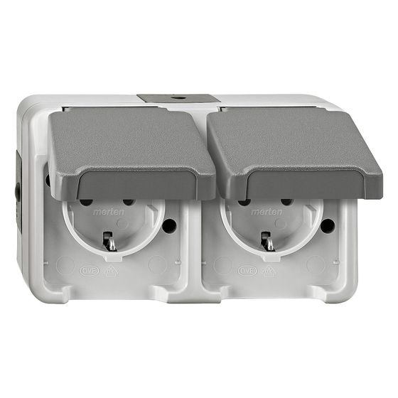 Merten Schutzkontakt-Doppelsteckdose Aquastar, 16A 250V, 83x141x55mm, Kunststoff, Lichtgrau