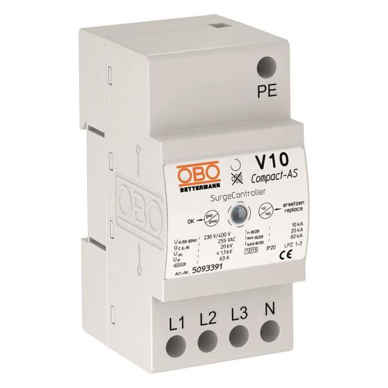 OBO Bettermann Überspannungsableiter V10 Compact V10 COMPACT-AS, 255V 10kA 1,1kV IP20, Hutschiene TH35, 5093391