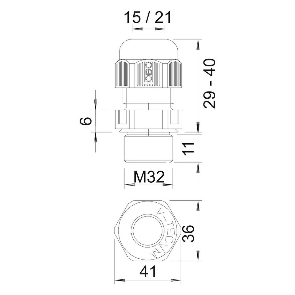 OBO Bettermann Kabelverschraubung V-TEC VM32, M32, 15-21mm, Polyamid, Lichtgrau, 2022870... OBO-2022870 4012195533771 (Abb. 4)