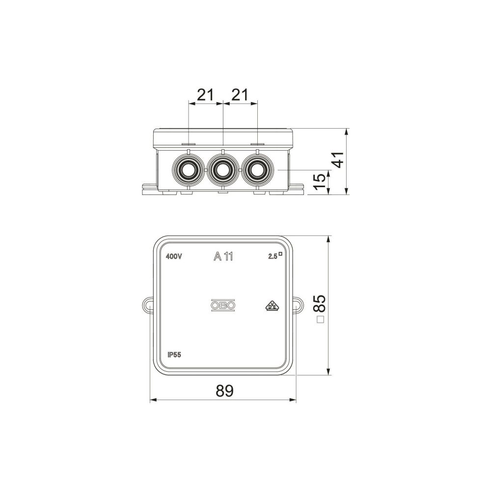 OBO Bettermann Kabelabzweigkasten A 11 5 quadratisch, 85x85x40mm, IP55, 690V, 2,5mm2, Kuns... OBO-2000326 4012195152057 (Abb. 2)