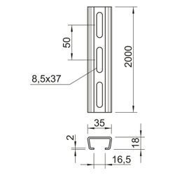 OBO Bettermann Profilschiene AMS3518P2000FT, 2000x35x18mm, Stahl, feuerverzinkt... OBO-1112759 4012195632535 (Abb. 1)