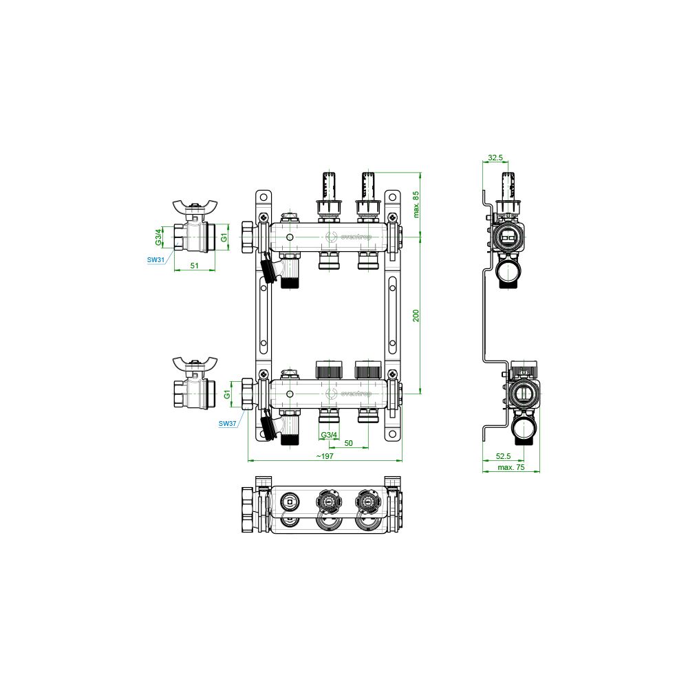 Oventrop Edelstahlverteiler Multidis SF, 2 Heizkreise, 0-5l/min, Edelstahl, 1405952... OVENTROP-1405952 4026755458923 (Abb. 4)