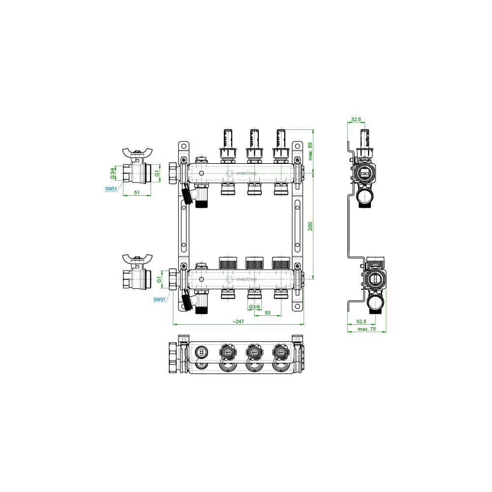 Oventrop Edelstahlverteiler Multidis SF, 3 Heizkreise, 0-5l/min, rostfreier Stahl, 14... OVENTROP-1405953 4026755458930 (Abb. 4)