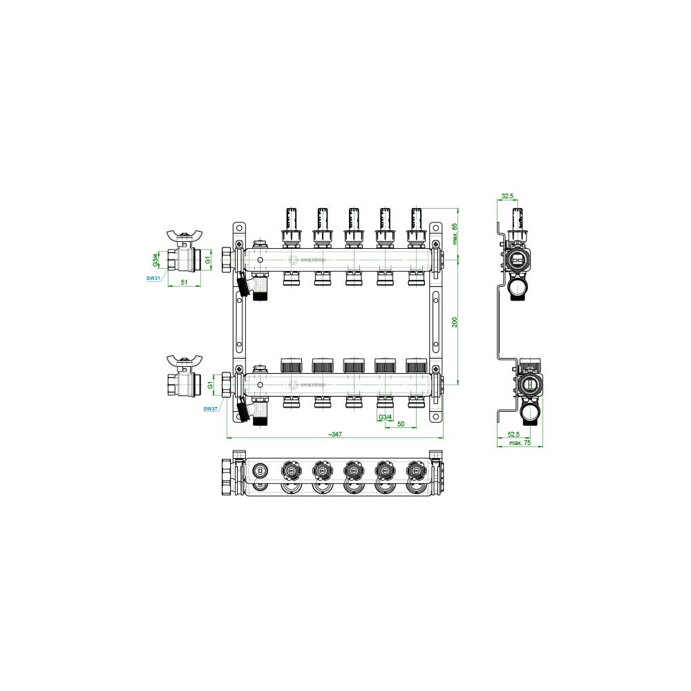 Oventrop Edelstahlverteiler Multidis SF, 5 Heizkreise, 0-5l/min, rostfreier Stahl, 14... OVENTROP-1405955 4026755458954 (Abb. 4)