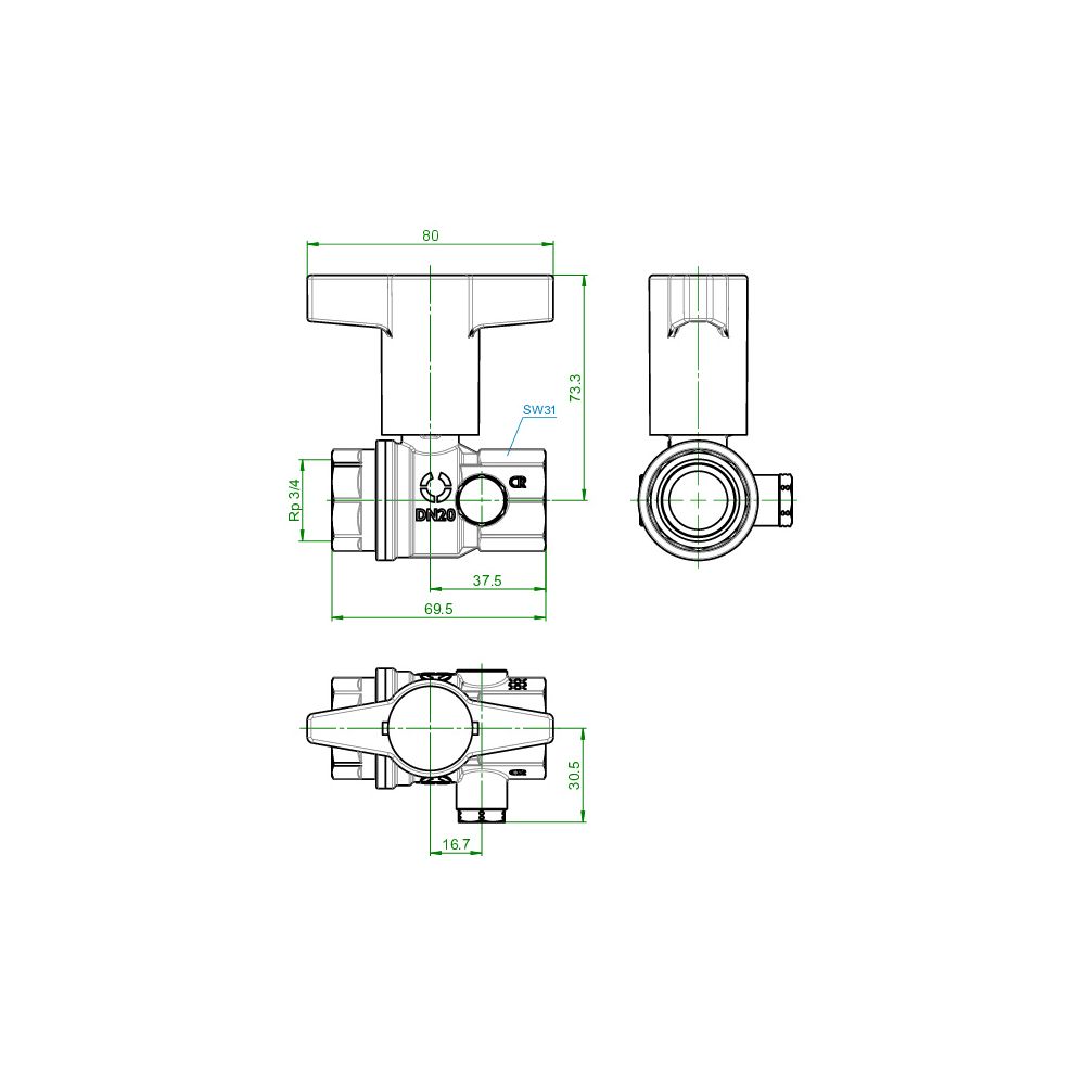 Oventrop Trinkwasserkugelhahn Optibal TW, DN 20, Rp 3/4" Innengewinde, PN 10, Messing... OVENTROP-1078806 4026755498059 (Abb. 3)