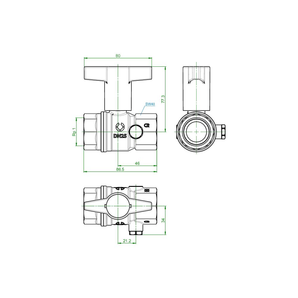 Oventrop Trinkwasserkugelhahn Optibal TW, DN 25, Rp 1" Innengewinde, PN 10, Messing b... OVENTROP-1078808 4026755498066 (Abb. 3)