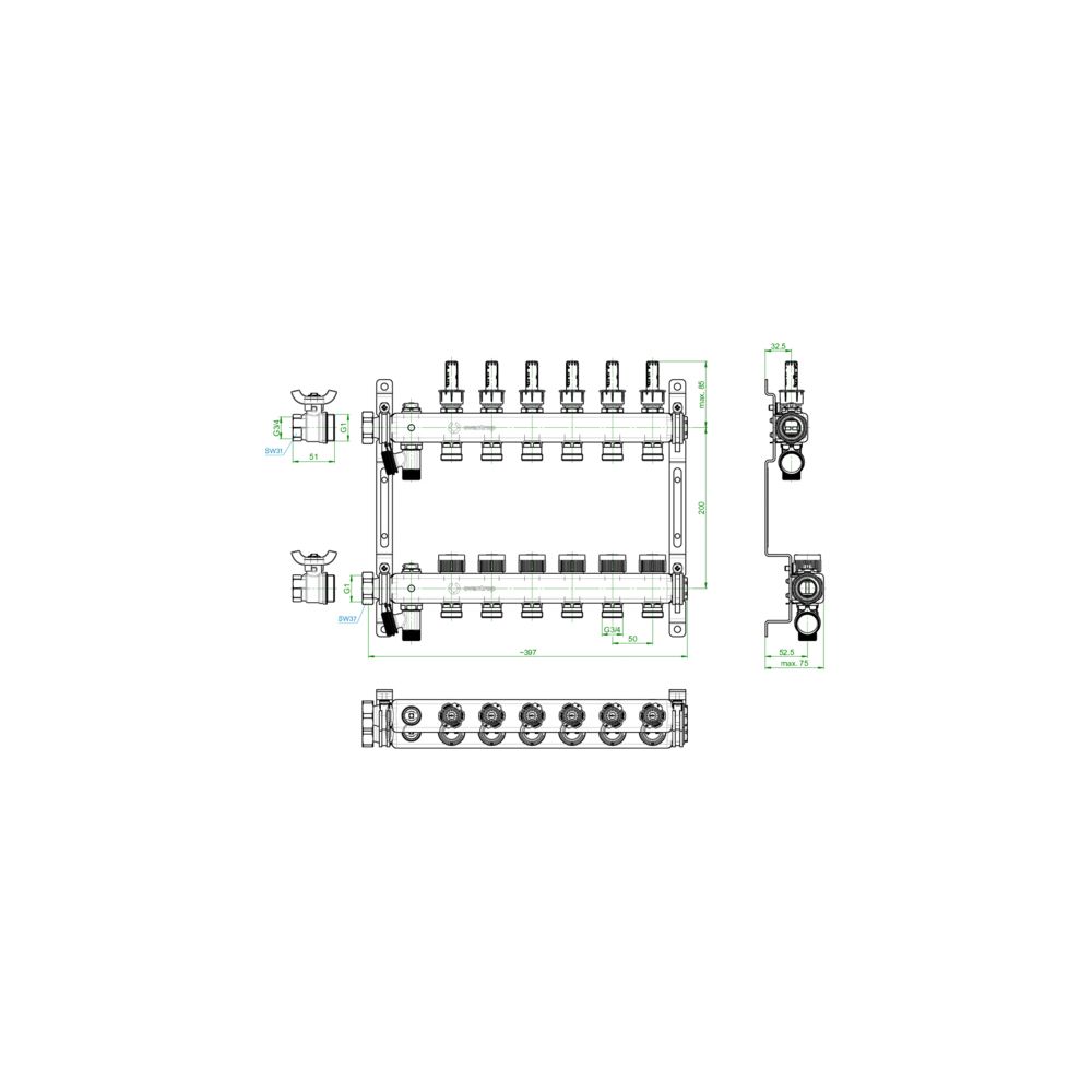 Oventrop Edelstahlverteiler Multidis SF, 6 Heizkreise, 0-5l/min, Edelstahl, 1405956... OVENTROP-1405956 4026755458961 (Abb. 3)