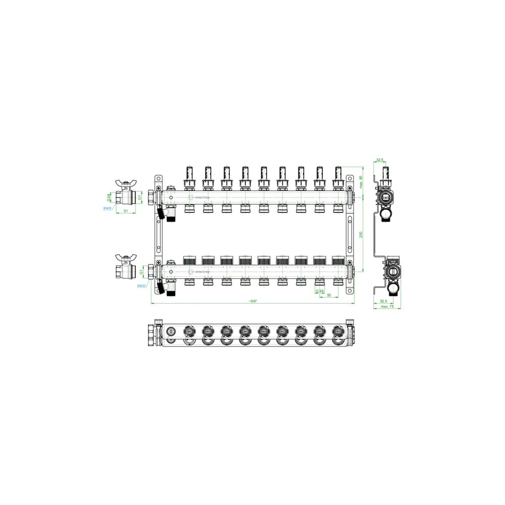 Oventrop Edelstahlverteiler Multidis SF, 9 Heizkreise, 0-5l/min, Edelstahl, 1405959... OVENTROP-1405959 4026755458992 (Abb. 3)