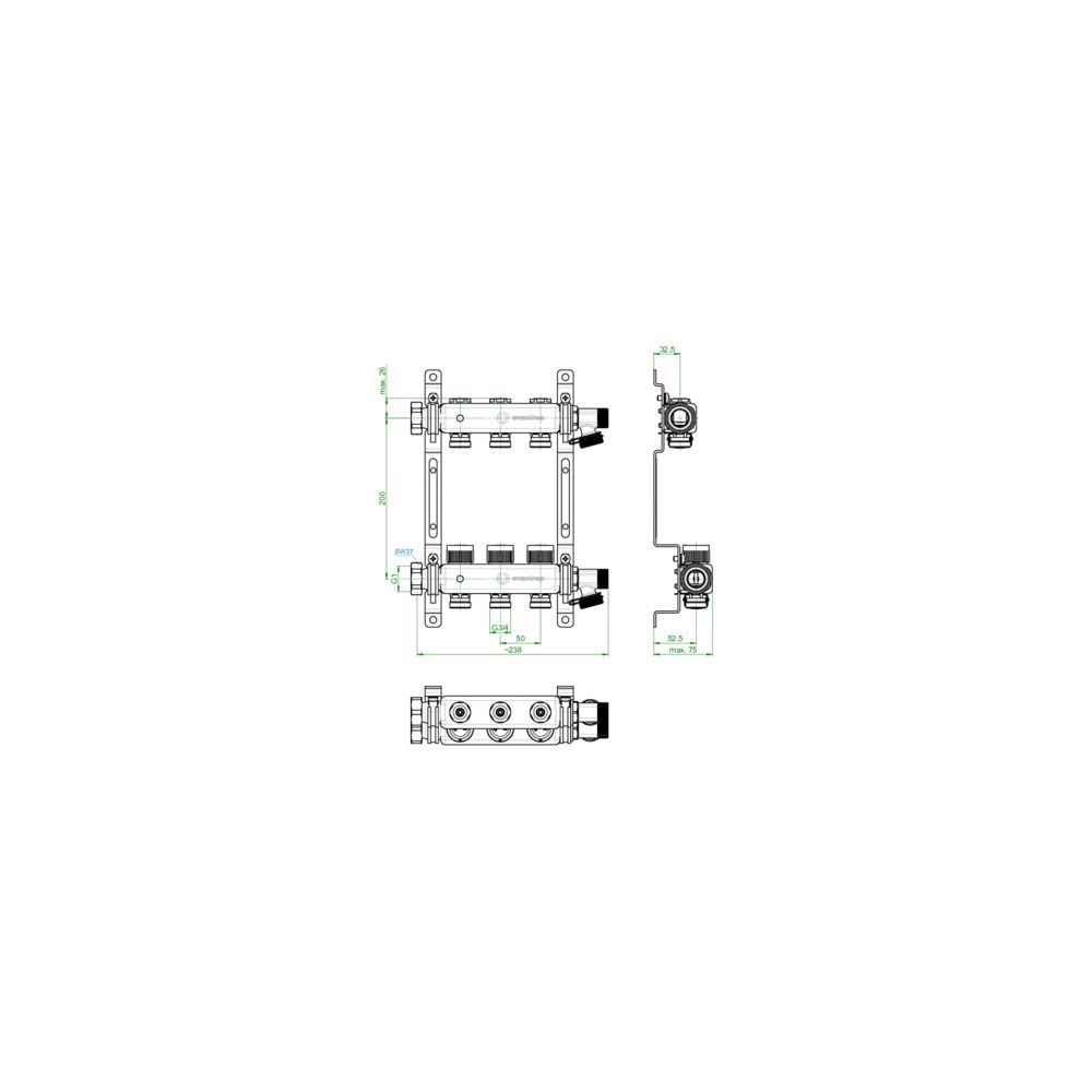 Oventrop Edelstahl-Verteiler 3 Kreise mit integr. Reguliereinsatz... OVENTROP-1406553 4026755450323 (Abb. 2)