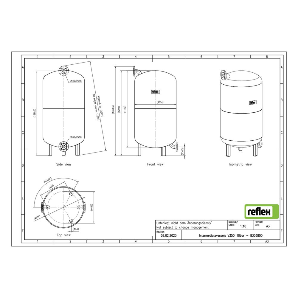 Reflex V Vorschaltgefäß, Nenninhalt 350l, mit Füßen, 10 bar, Grau... REFLEX-8303800 4036705181160 (Abb. 2)