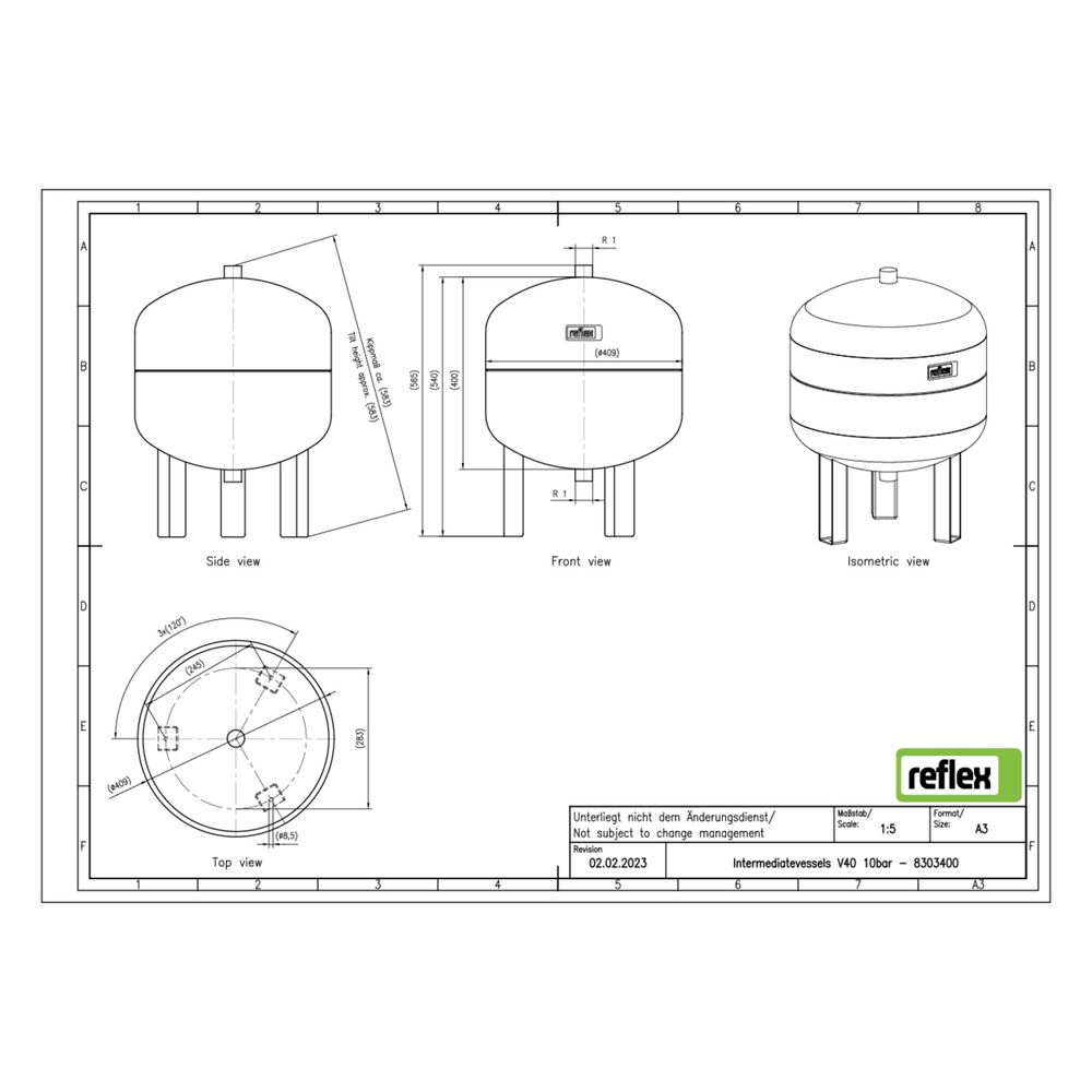 Reflex V Vorschaltgefäß, Nenninhalt 40l, mit Füßen, 10 bar, Grau... REFLEX-8303400 4036705181122 (Abb. 2)