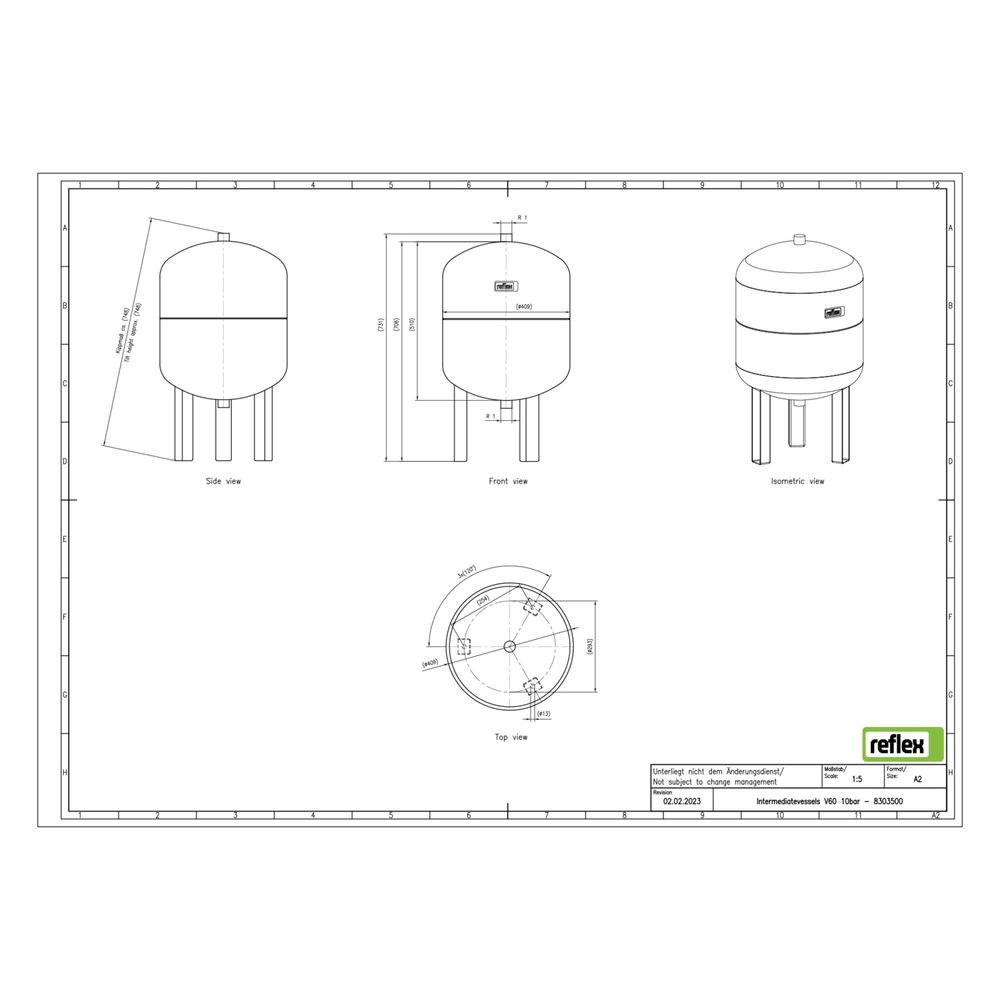Reflex V Vorschaltgefäß, Nenninhalt 60l, mit Füßen, 10 bar, Grau... REFLEX-8303500 4036705181139 (Abb. 2)