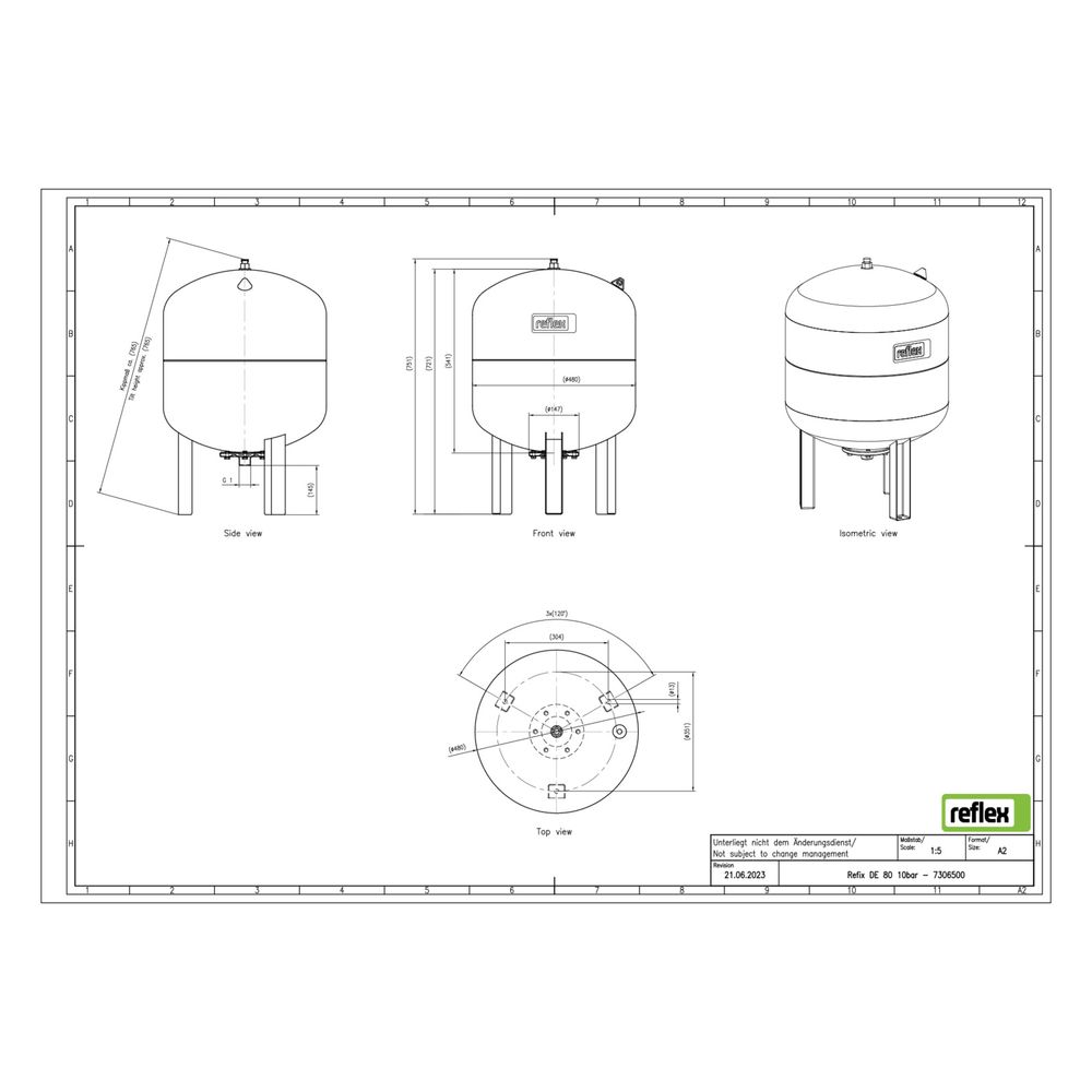 Reflex Refix DE Ausdehnungsgefäß MAG 80, Nennvolumen 80l, 10 bar, tauschbare Membran, m... REFLEX-7306500 4036705001215 (Abb. 2)