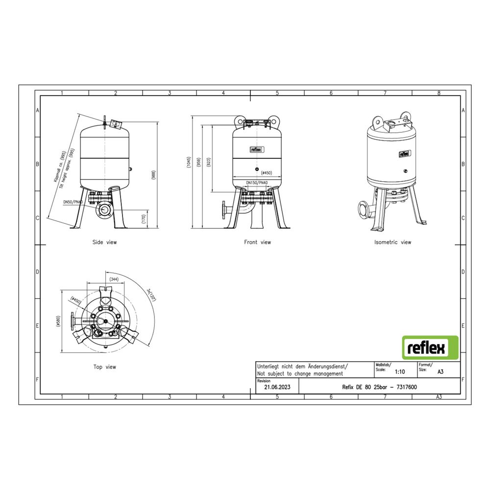 Reflex Refix DE Ausdehnungsgefäß MAG 80, Nennvolumen 80l, 25 bar, tauschbare Membran, m... REFLEX-7317600 4036705002526 (Abb. 2)