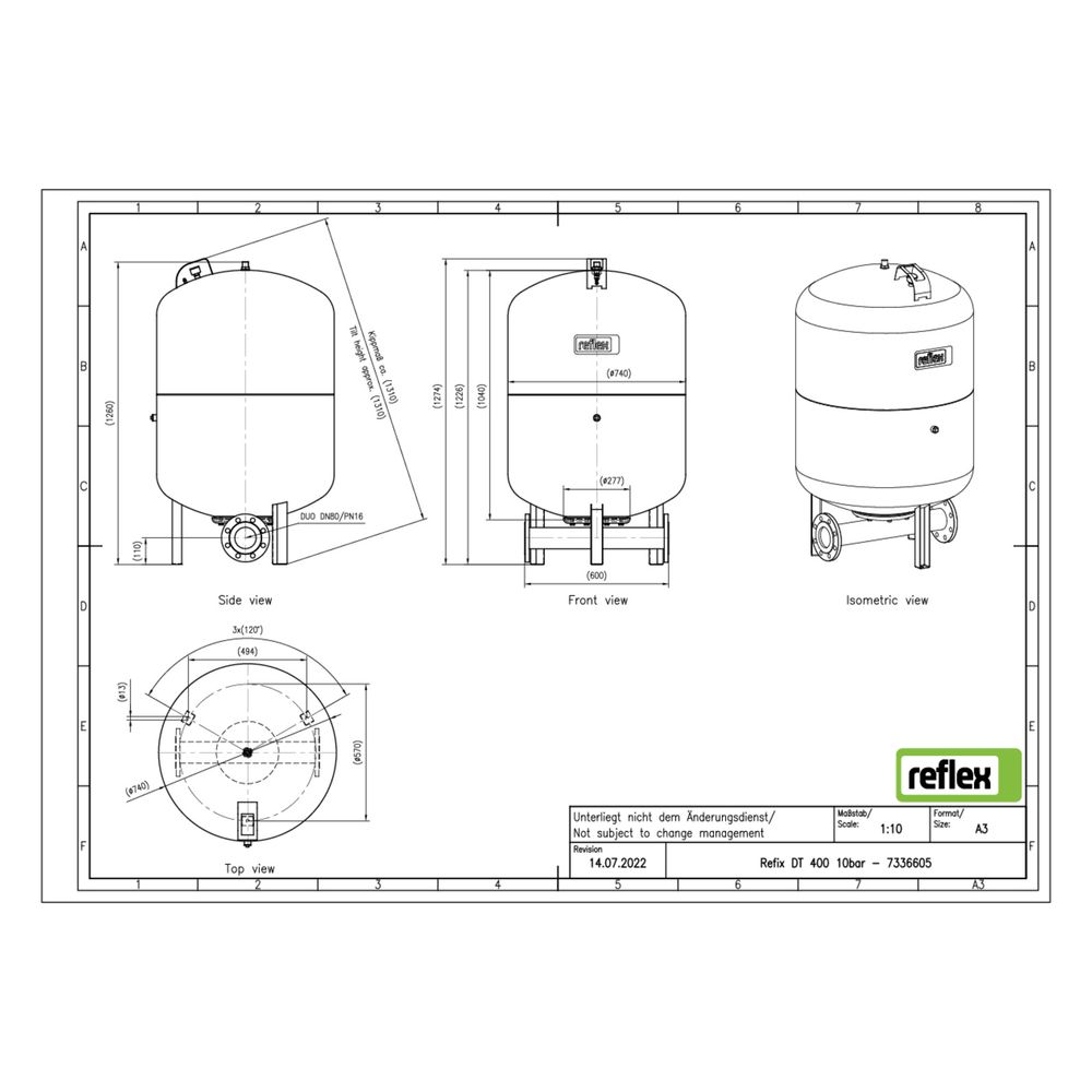 Reflex Refix DT Ausdehnungsgefäß MAG 400, Nennvolumen 400l, 10 bar, Duo-Flansch DN 80... REFLEX-7336605 4036705079405 (Abb. 2)