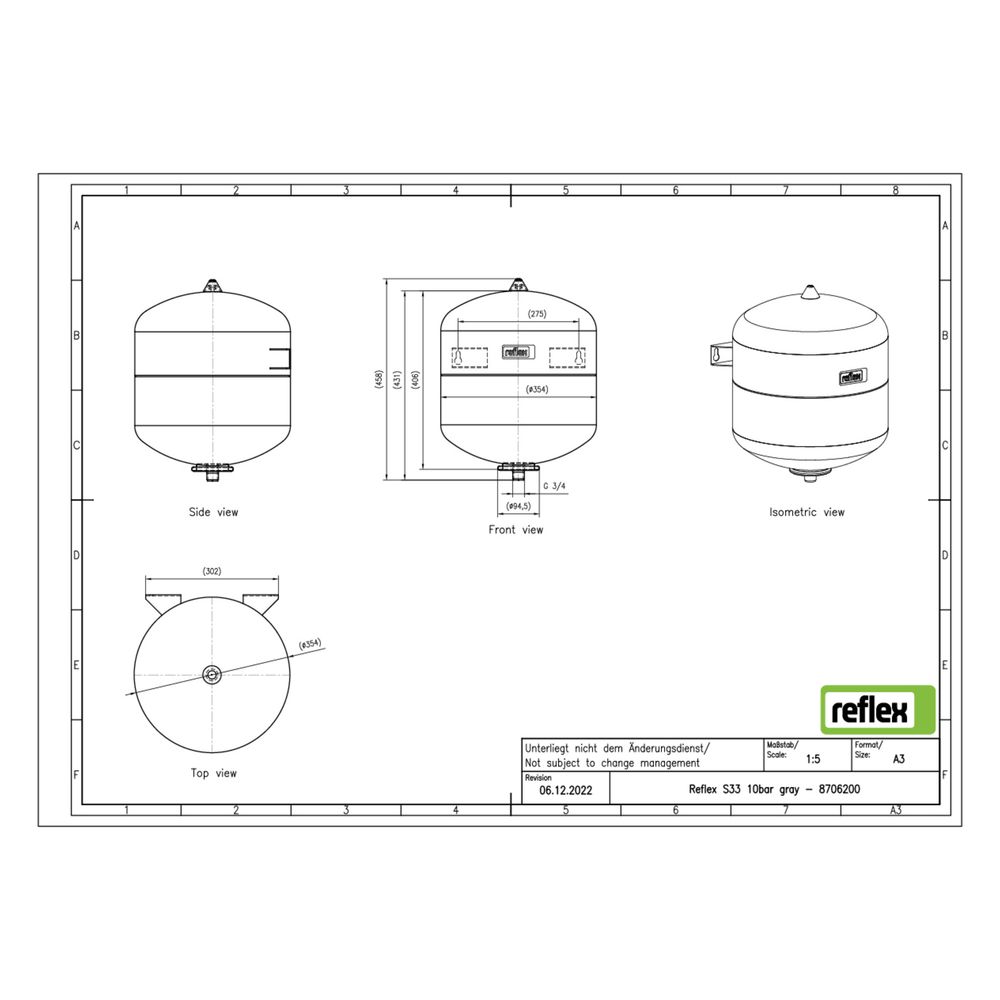 Reflex S Ausdehnungsgefäß MAG 33, Nennvolumen 33l, 10 bar, Vollmembran, Grau... REFLEX-8706200 4036705109942 (Abb. 2)
