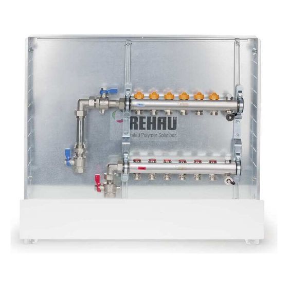 Rehau Rautherm Unit, Easyflow und UP 75, 4 Heizkreise, Wärmemengenzähler vertikal links