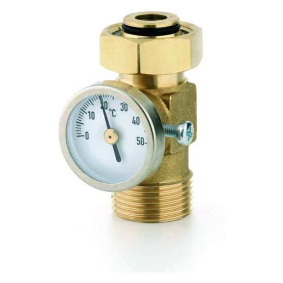 Rehau T-Rücklaufthermometer 0-50&nbsp;Grad C, Messing, zur Montage am Heizkreisverteiler