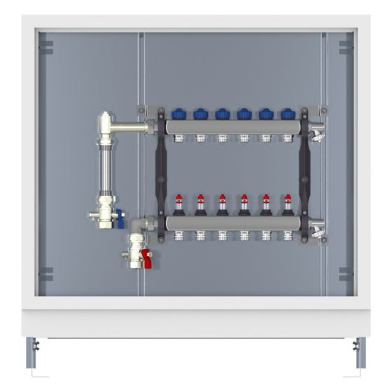 Roth Verteilerstation HK 3 UP, 3 Gruppen, Edelstahl, 550x150x790-880mm, WMZ-Set senkrecht 2 Kugelhähne, Weiß