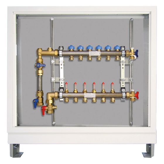 Roth Verteilerstation HK 10 UP, 10 Gruppen, Messing, 950x150x790-880mm, WMZ-Set senkrecht 3 Kugelhähne, Weiß