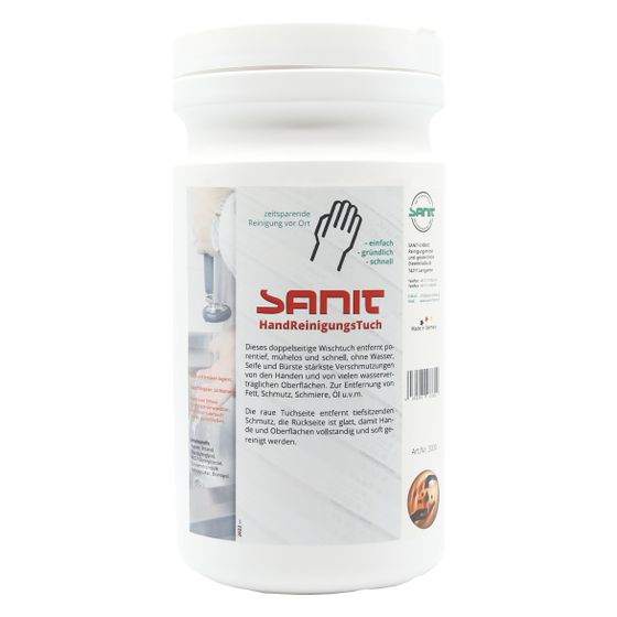Sanit Hand-Reinigungs-Tuch Doppelseitiges Wischtuch für verschmutzte Hände und nicht saugende Oberflächen, 1 Dose