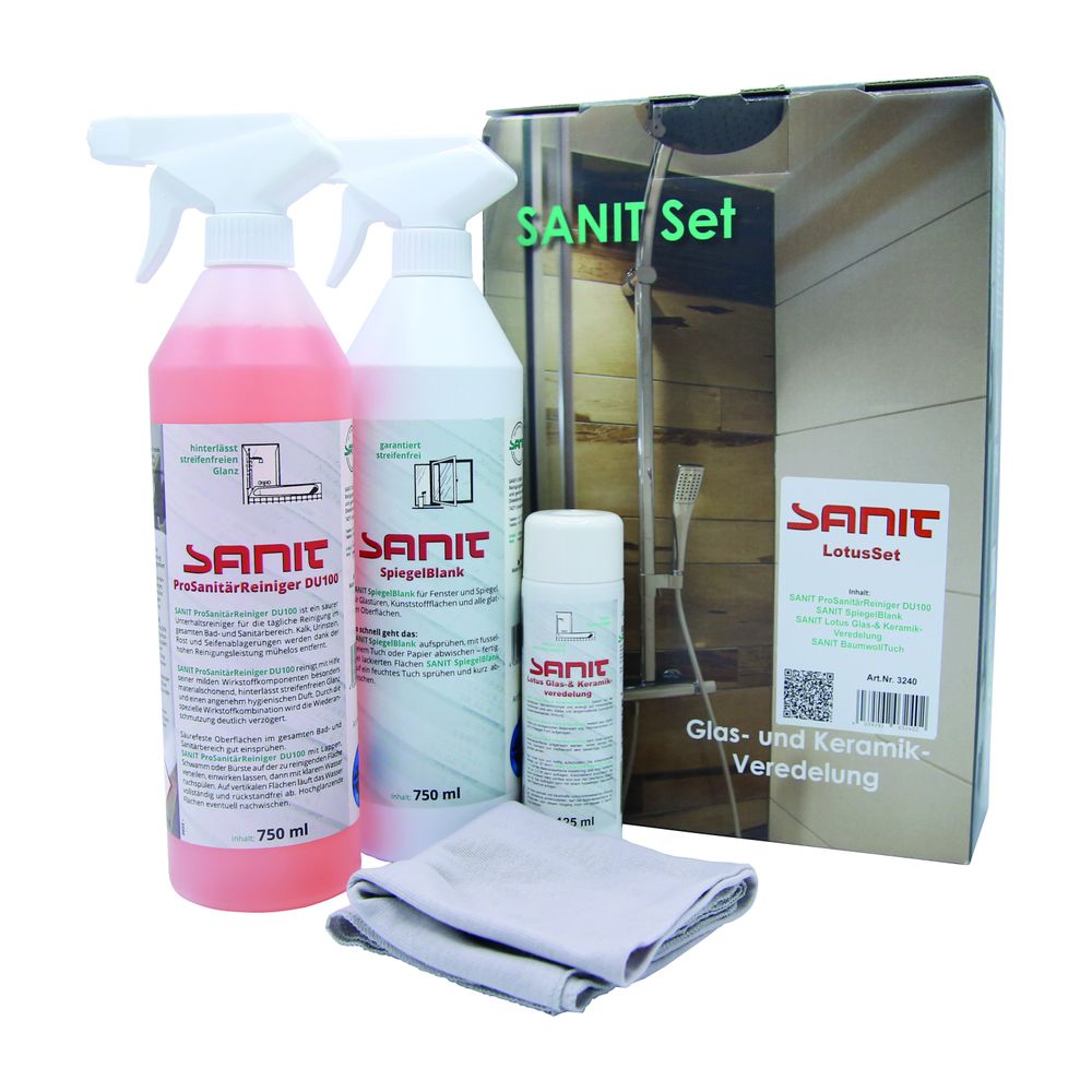 Sanit Chemie Sanit Lotus-Set bestehend aus Pro-Sanitär-Reiniger DU100, Spiegel-Blank, Lotus Glas- & Keramikveredelung und Baumwolltuch 3240