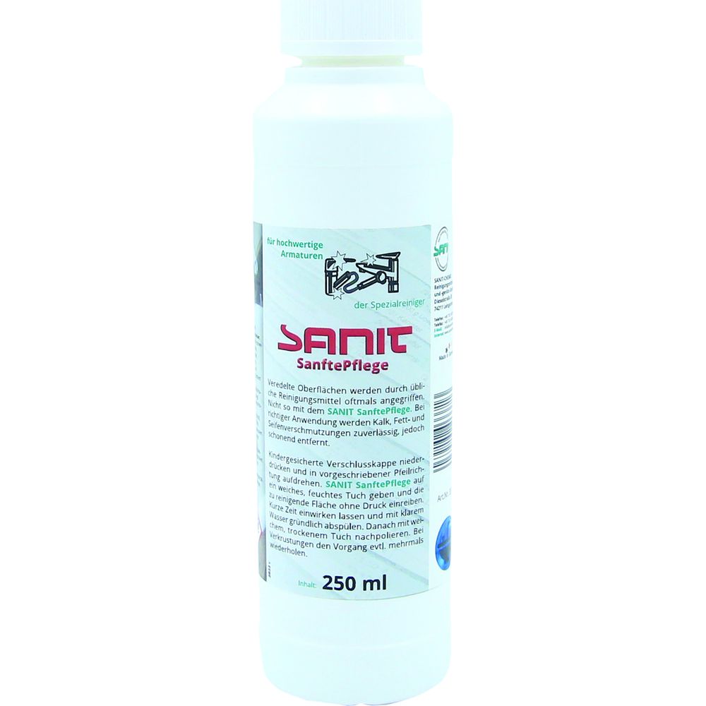 Sanit Chemie Sanit Sanfte-Pflege Spezialreiniger für hochwertige Armaturen gegen Kalk, Fett- und Seifenverschmutzungen, 250ml Flasche 3371