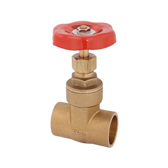 Schlösser Messing-Muffenschieber mit Lötanschluss 22mm, Handrad Rot, PTFE-Dichtung, Messing blank
