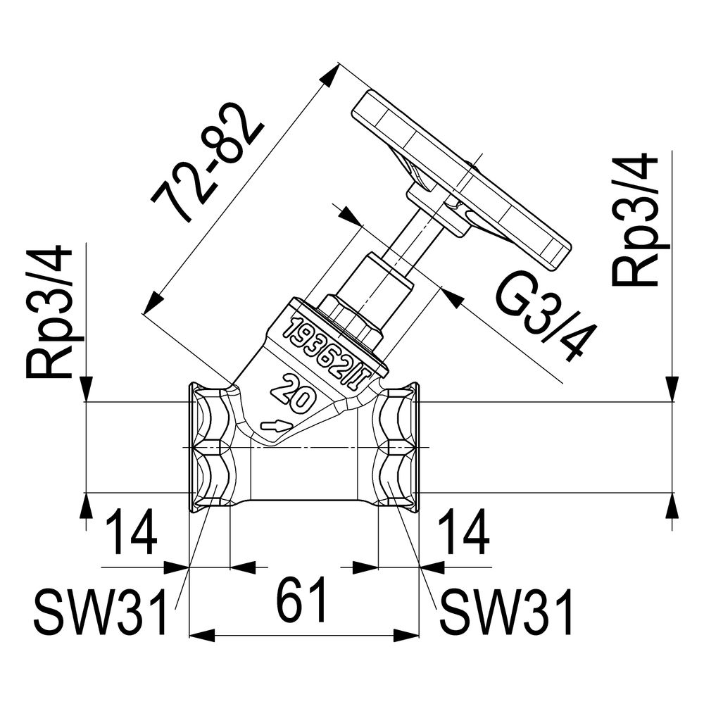 Schlösser Schrägsitzventil ohne Entleerung, mit steigender Spindel, DN 20, 3/... SCHLOESSER-0014052000001 4044997111550 (Abb. 2)