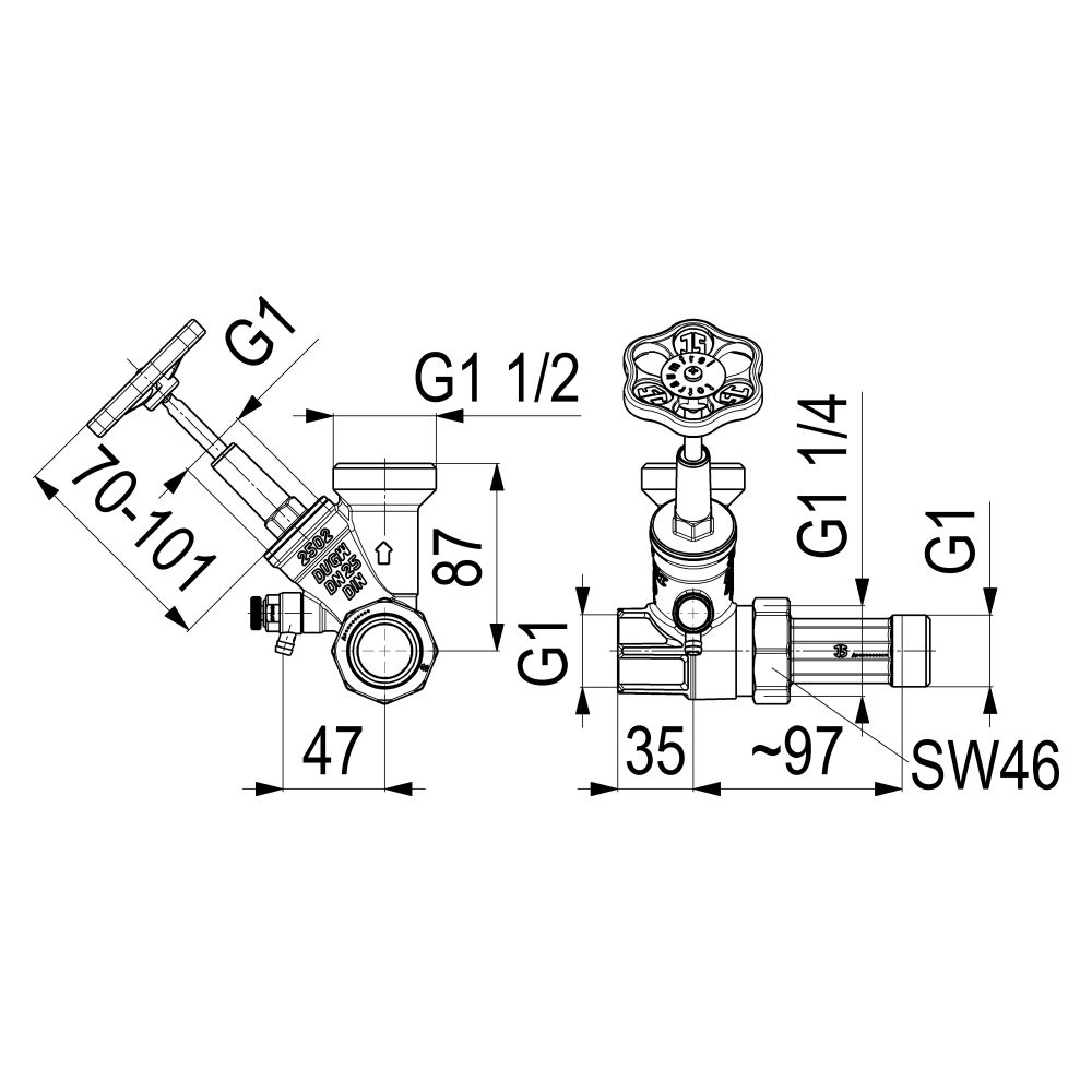Schlösser Abzweig-T-Ventil, Freistromventil mit steigender Spindel, DN 25, Ei... SCHLOESSER-0075002502001 4044997146316 (Abb. 2)