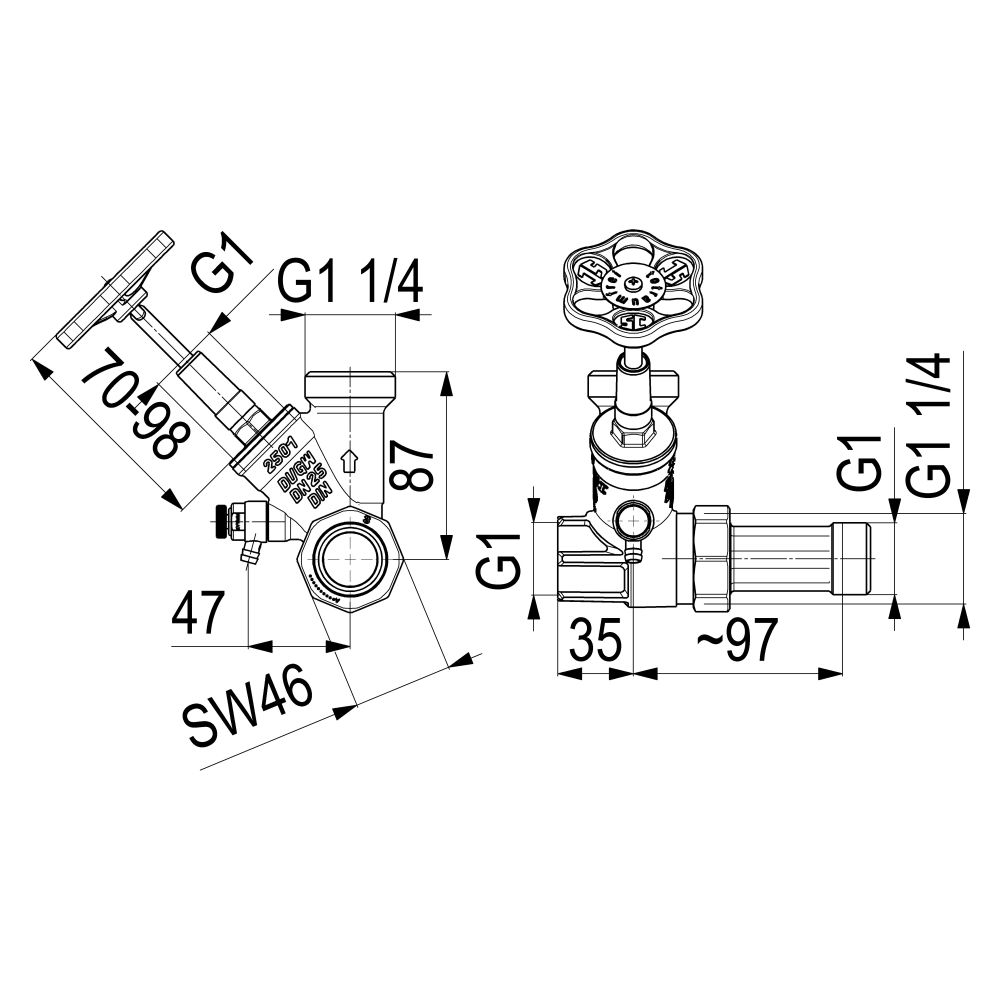 Schlösser Abzweig-T-Ventil, KFR-Ventil mit steigender Spindel, DN 25, Eingang... SCHLOESSER-0076002501001 4044997161340 (Abb. 2)
