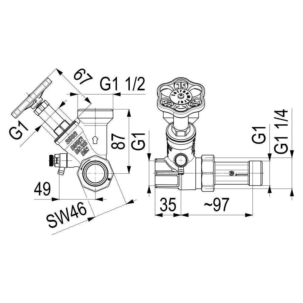 Schlösser Abzweig-T-Ventil, Freistromventil mit nichtsteigender Spindel, DN 2... SCHLOESSER-0077002502001 4044997187227 (Abb. 2)