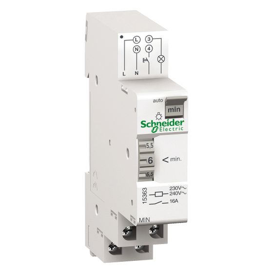 Schneider Electric Treppenlichtzeitschalter MIN Acti9, 16A, 230V, 1-7min, 1TE, Weiß, 15363