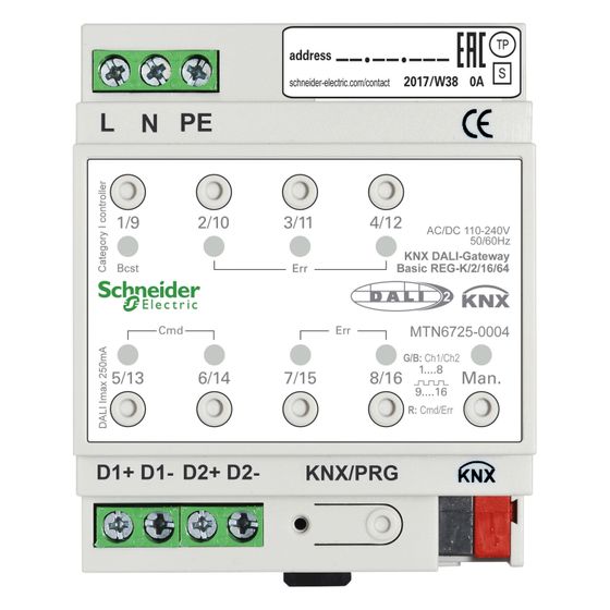 Schneider Electric DALI-Gateway SpaceLogic KNX REG-K/2/16, 2 Kanäle, 4 TE, IP20, Weiß
