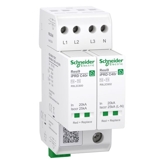 Schneider Electric Überspannungsableiter Resi9 iPRD C40r, 3P+N, Typ 2+3, 40kA, Thermoplastisch, Weiß, R9L2C640