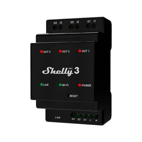 Shelly 3-Kanal-Smart-Relais Pro3, 48A, LAN/Wi-Fi/Bluetooth, potentialfreie Ausgänge