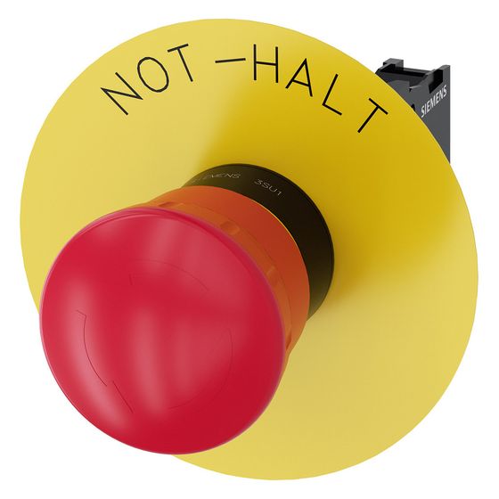 Siemens Not-Halt-Pilztaster 3SU1100-1HB20-1CH0 mit zwangsläufiger Verrastung IP67/IP69K 22,3mm